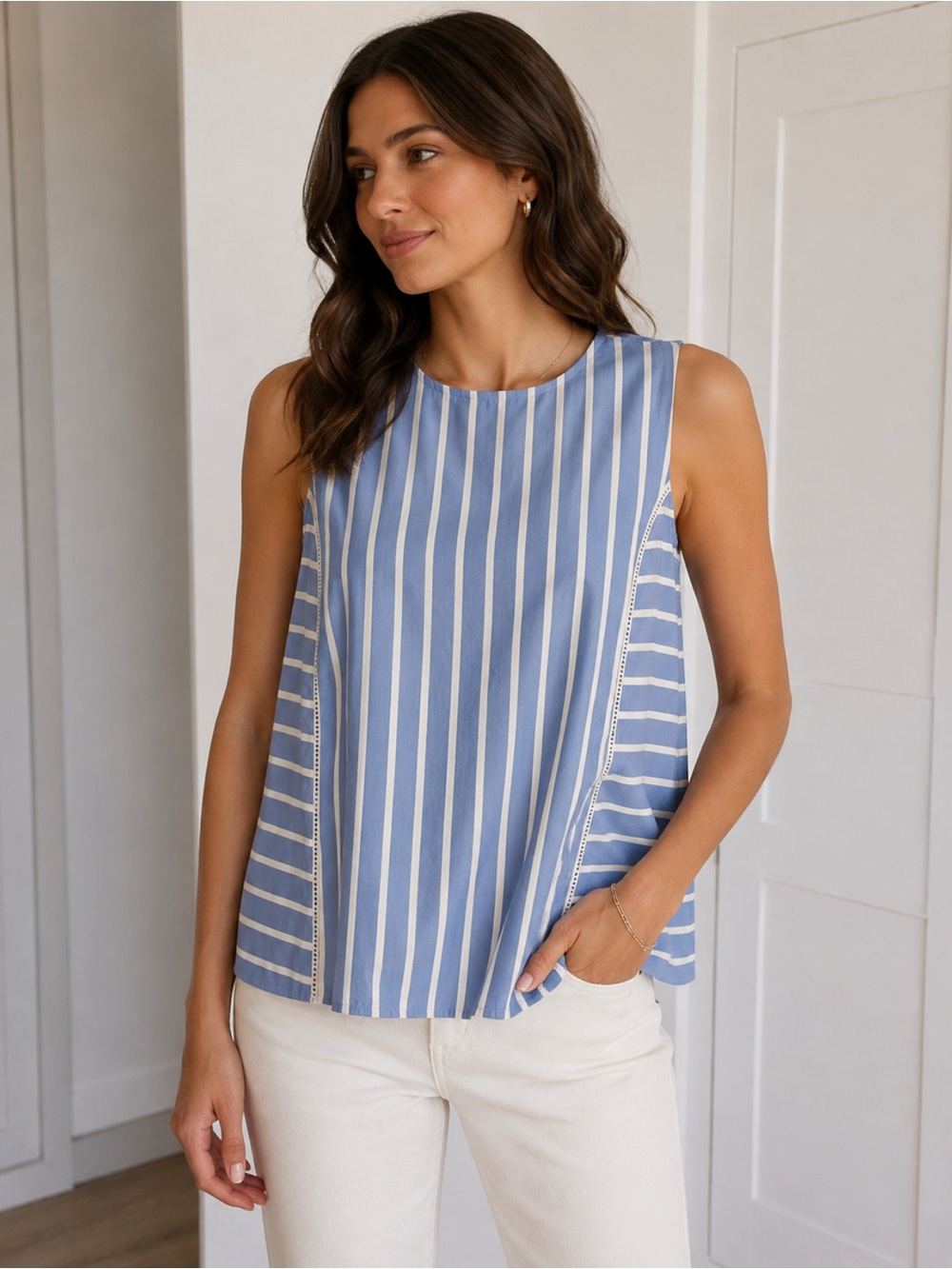 Ann Taylor Blue/White Striped Lace-Trim Blouse Size-X-Small Petite Coastal Prep